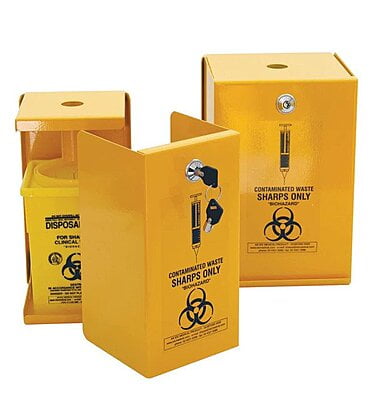 SHARPS METAL SAFE, 5L, YELLOW ARMOUR, INCLUDES 2 SQUARE 5L PLASTIC SHARPS CONTAINERS